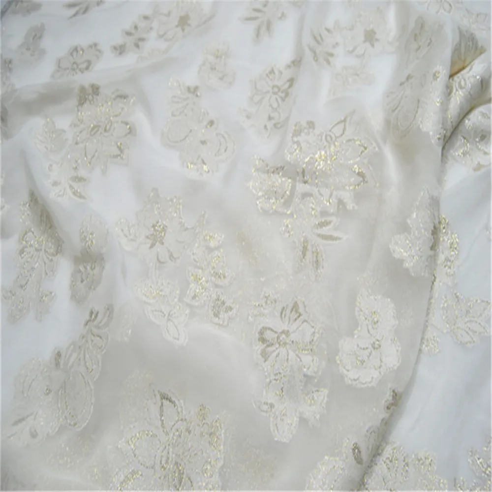 Beautiful Popular Woven Silk Metallic Fabric Safe Golden Flowers 145cm Natural White for Lining Shawl Skirt