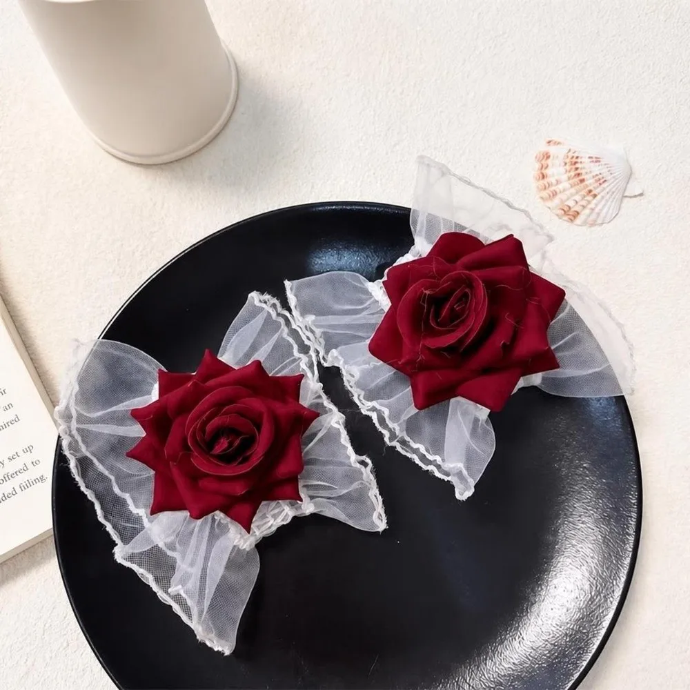 New Red Rose Lace Wristbands Lolita Elastic Band Gothic Cosplay Bracelets Ruffled Black Flower Wrist Cuffs For Women