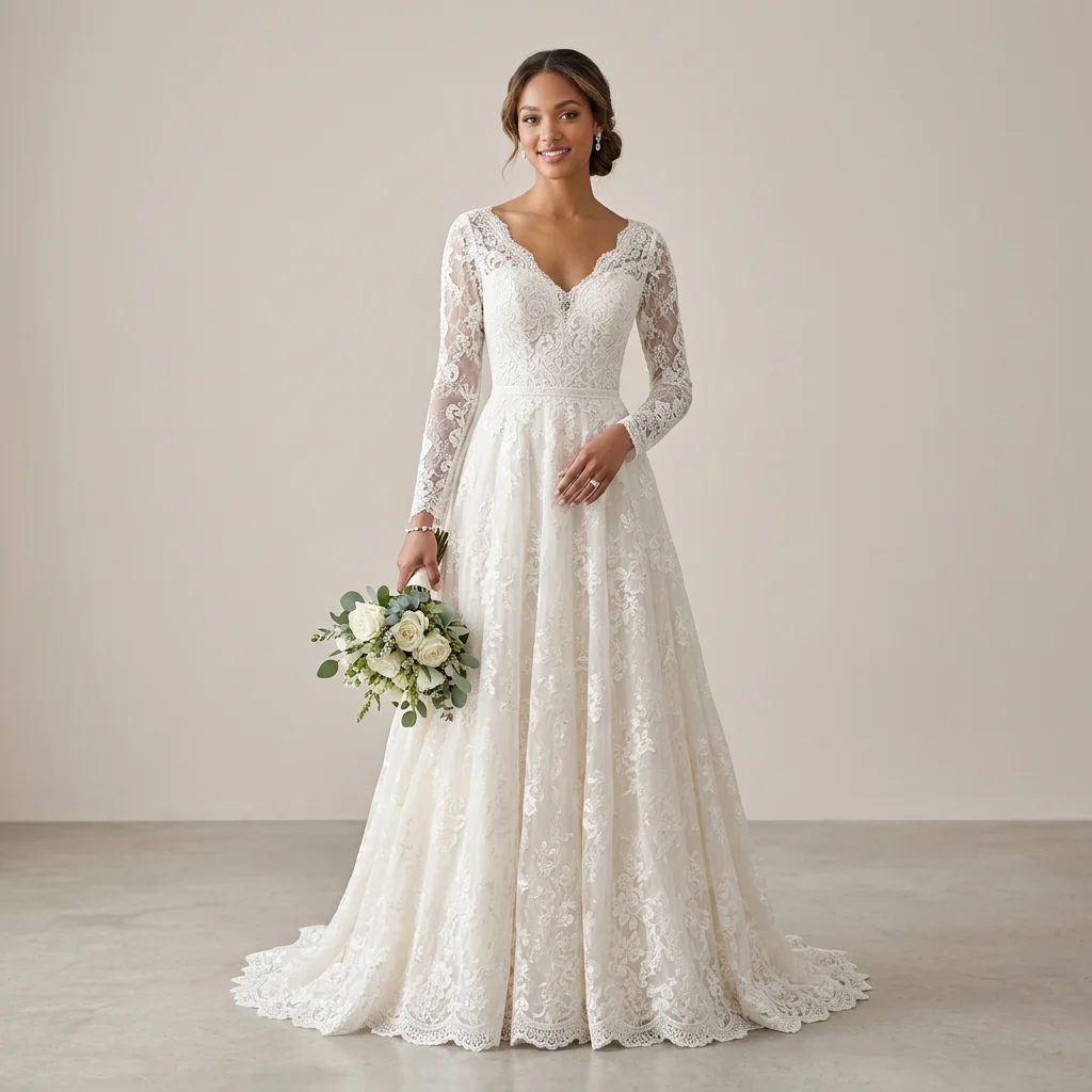 V Neck Long Sleeve Tiered Lace & Tulle A Line Wedding Dress Beaded Waistband Bridal Gown