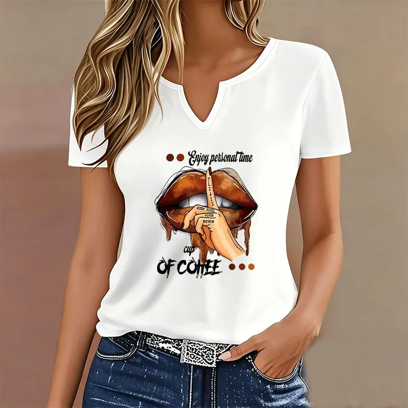 Fashion Ulzzang T-shirt V Neck Casual Y2k Lips Graphic Printed T Shirts Women Short Sleeve Tee Shirt V-Neck Summer Spring view 2