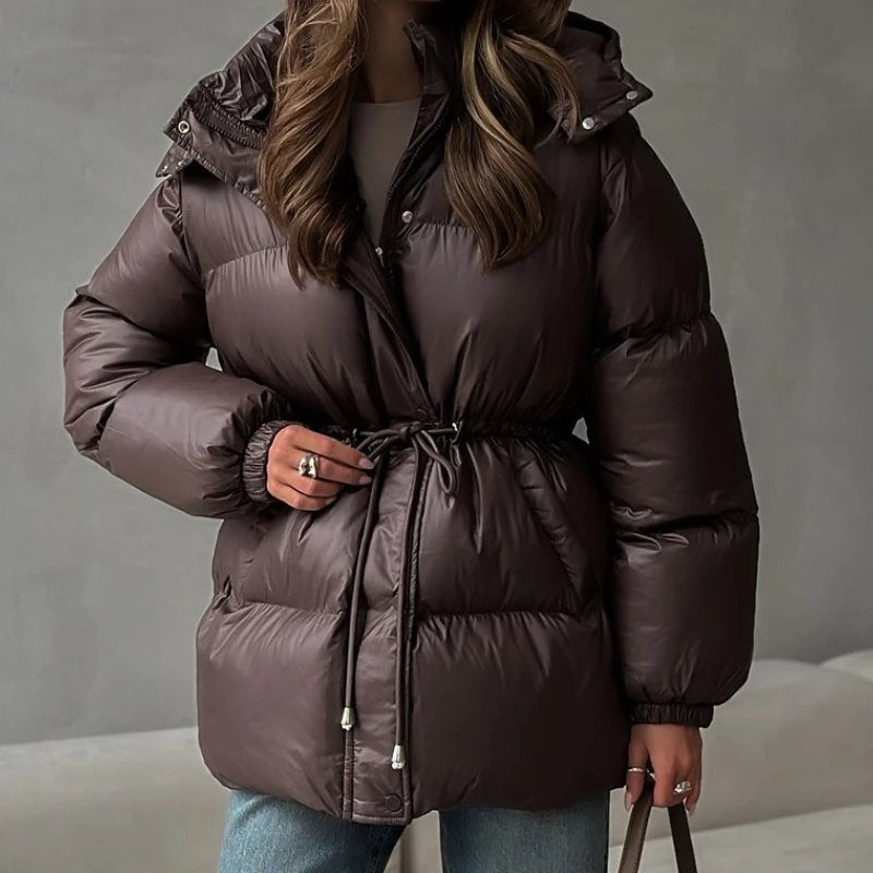 Thicken Cotton Jackets Women Standneck Zipper Long Sleeves Lace Up Detachable Hat Coats Female 2025 Winter Warm Fashion Outwears