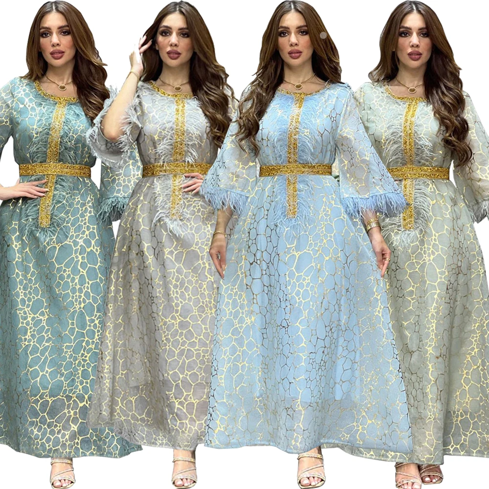 Feather Party Abaya Arab Evening Dresses Elegant Women Gold Stamping Muslim Moroccan Kaftan Gulf Jalabiya Wedding Gowns Vestidos