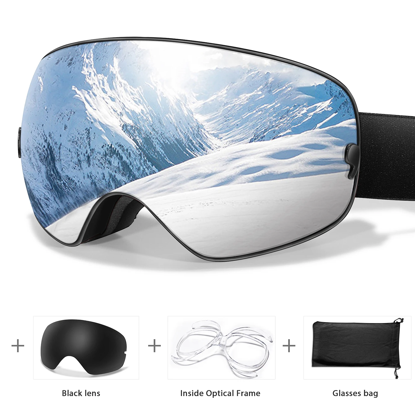 Ourdoor Sports Eyewear Teen Men Women Ski Goggles-Anti-fog UV400  Christmas and New Year Gift Free Black Lens and Optical Frame