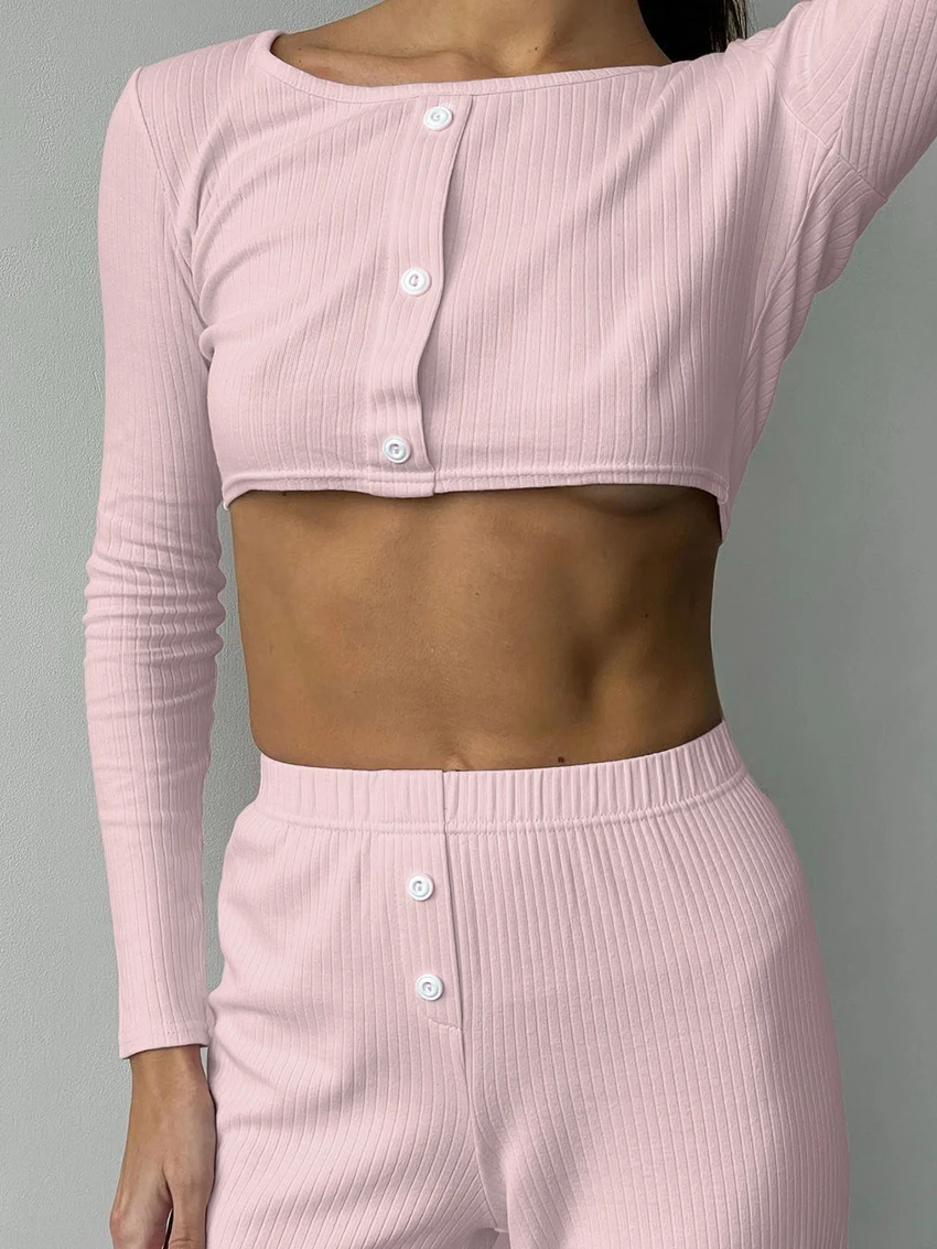 Marthaqiqi Home Clothes Women O-Neck Pajama Crop Top Nightwear Long Sleeve Sleepwear Pants Knitted Ladies Nightgowns 2 Piece Set