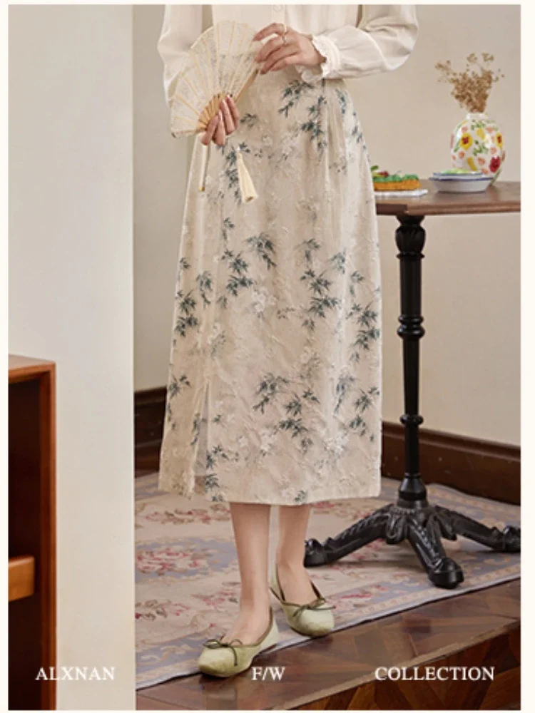 

ALXNAN Neo-chinese Style Skirt for Women Trendy A-line Delicate Embroidery 2024 Autumn Winter Female Casual Midi Skirt L39698BSQ