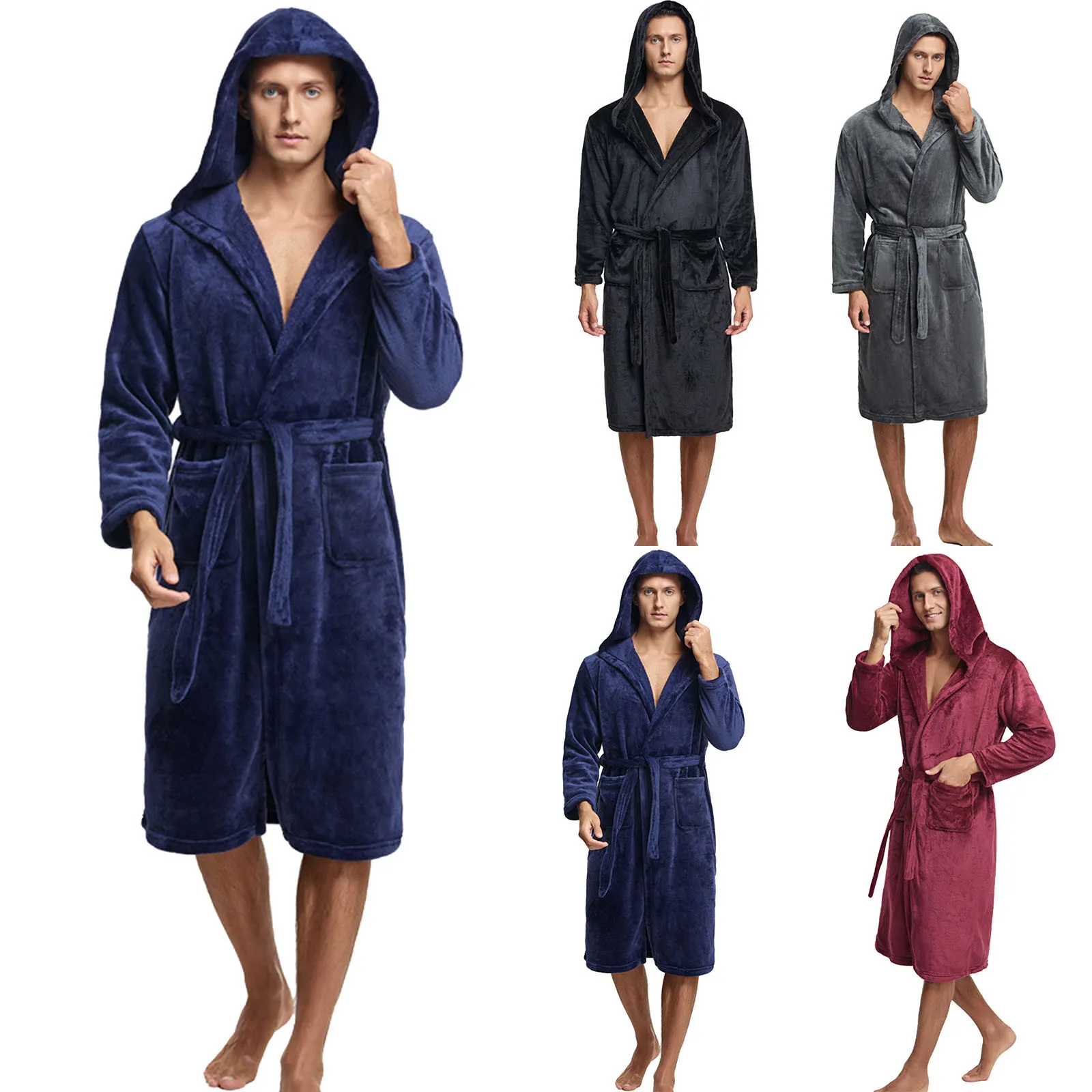 

Warm Men Nightgown Home Gown Sleepwear Men Clothing 2025 Winter Men's Bathrobe Solid Color Belt Flannel Hooded Bath Robe Pockets