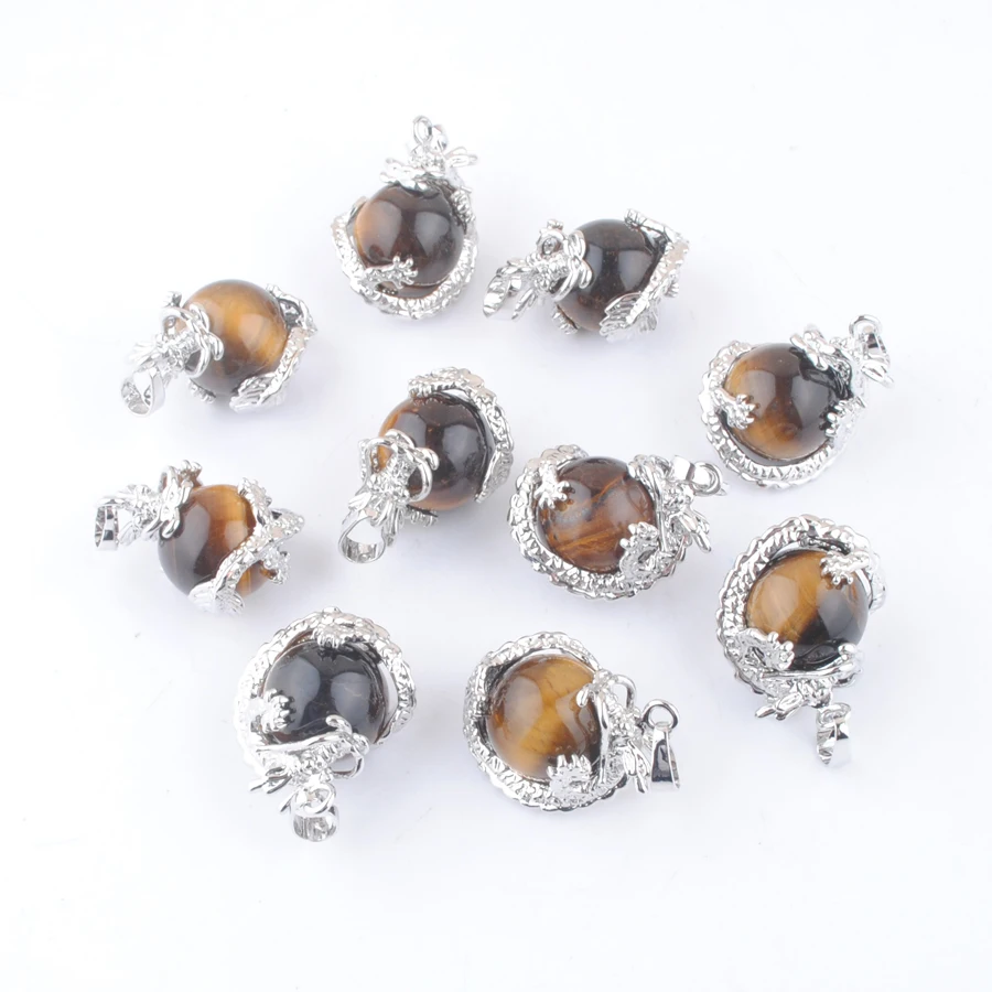 Natural Tiger's Eye Stone Round Ball Bead Pendants Dragon Wrap Reiki Chakra Healing Amulet Jewelry Wholesale 10Pcs AN3137