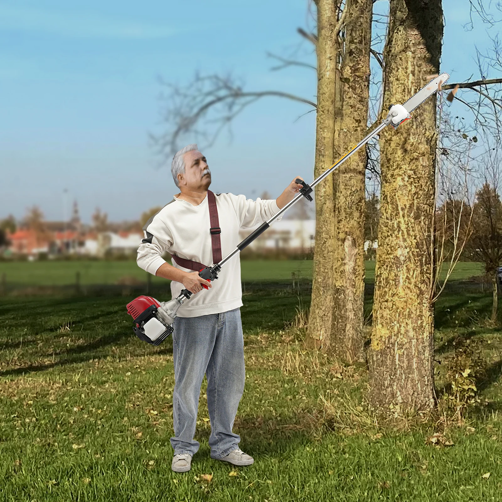 

Safe Orange And Red Pole Saw(Dual-Switch Lock+Cooling Holes) - Cordless Design&Extended Rod Goggles+Blade Cover Prevent Injuries