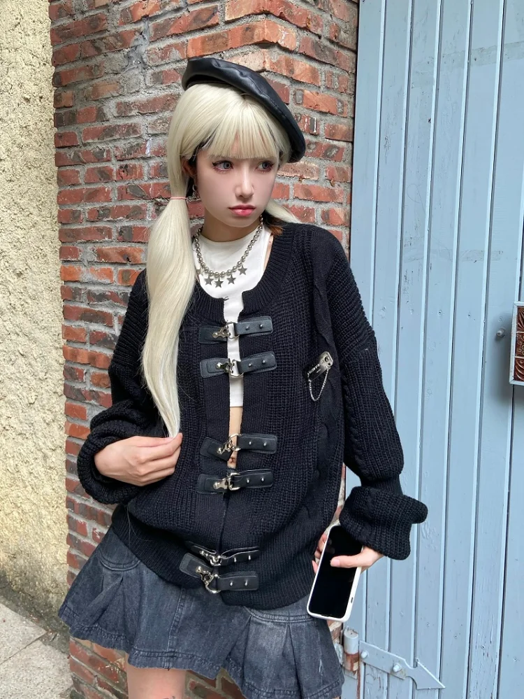 Loose Streetwear Cardigan Women Korean Y2k Aesthetic Solid Knitted Sweater Coat 2024 Belted Button Fashion Black Autumn Knitwear