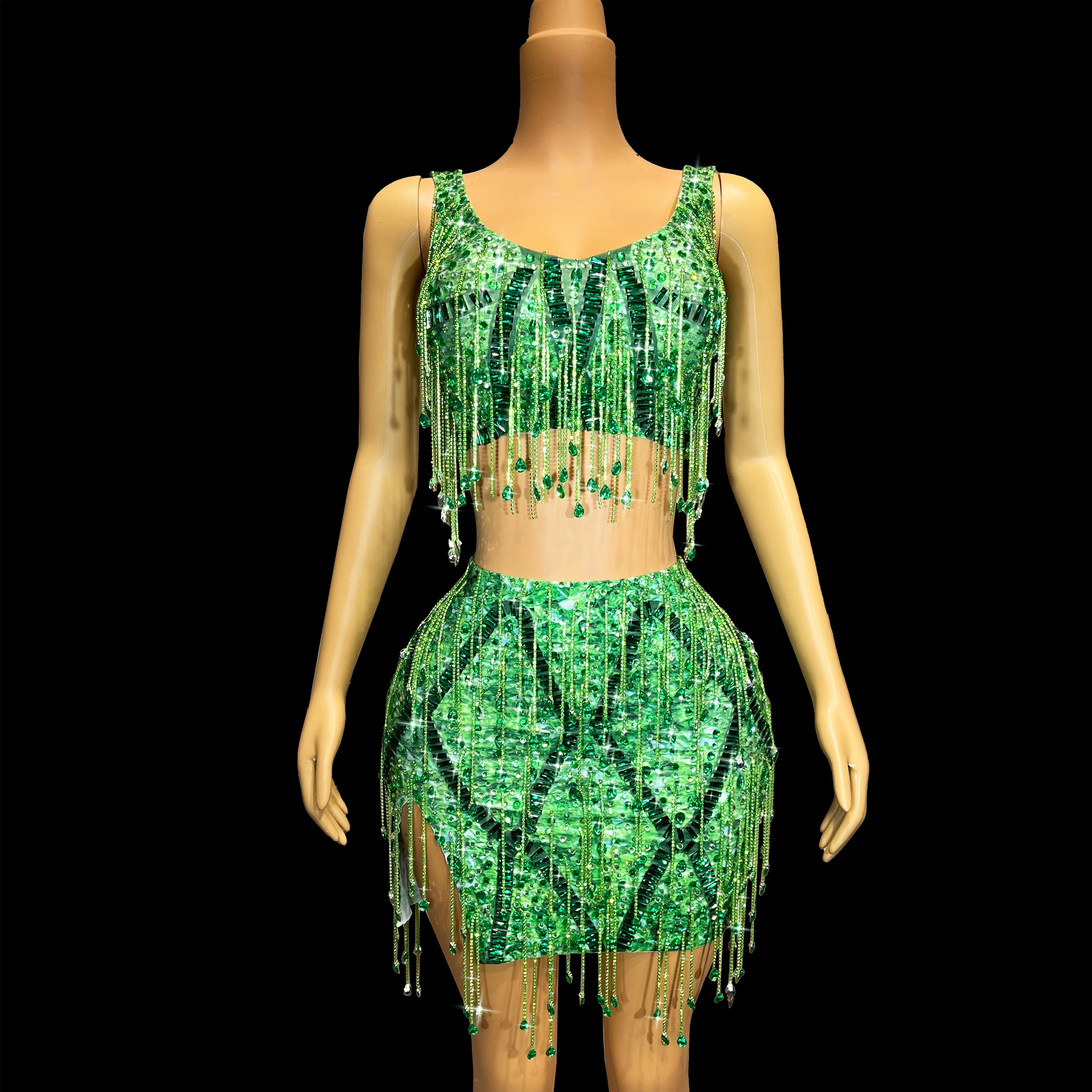 

Green Flashing Rhinestone Crystal Chain Costume Dress Set Ladies Singer Birthday Celebration Costume Show caodi