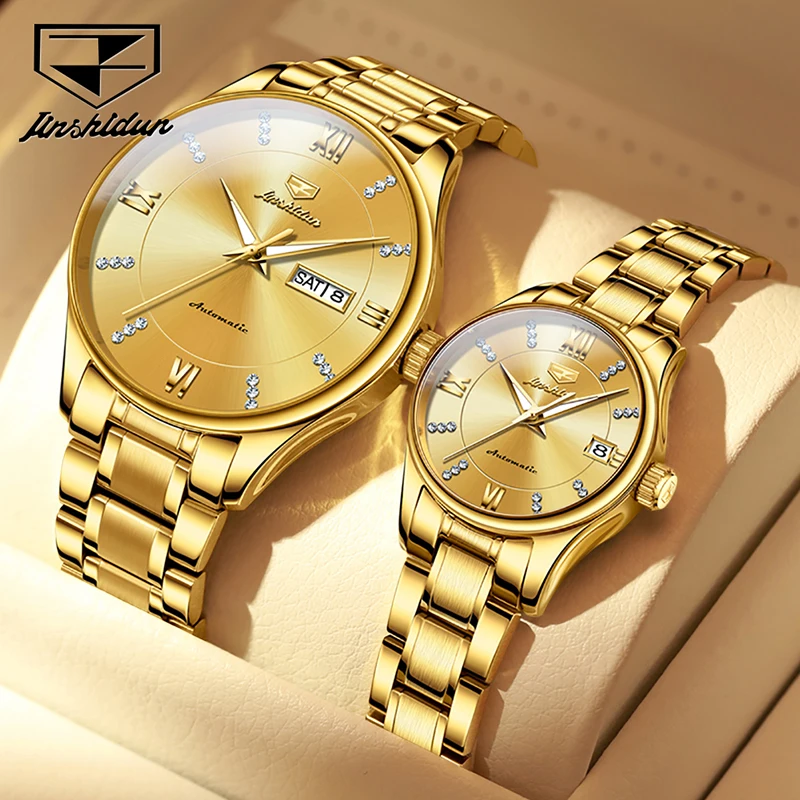 JSDUN Couple Watch Luxury Full Gold Automatic Mechanical Watches Luminous Waterproof Weekly Calendar Display Relogio Masculino