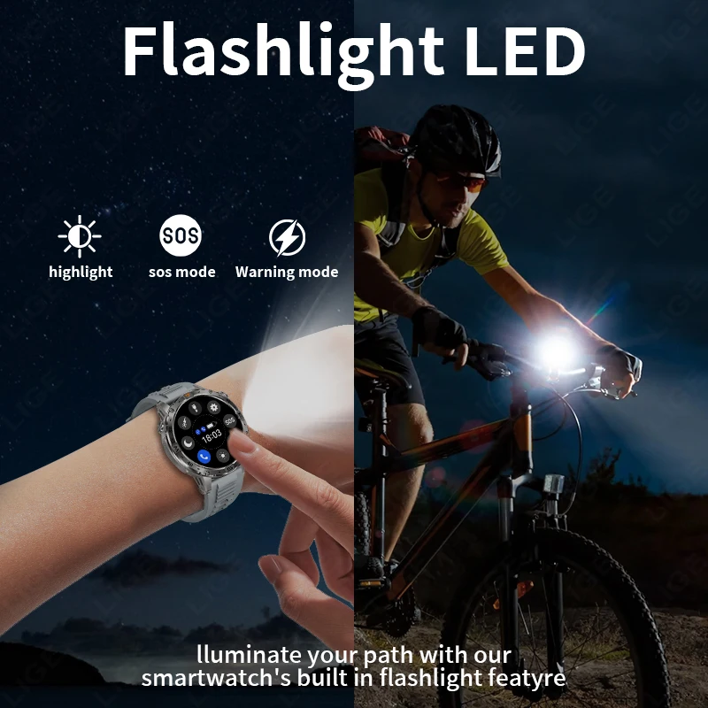 LIGE Relógio Inteligente Masculino Ao Ar Livre 1000mAh Bateria Lanterna LED Bússola Relógio 1.7 ''Grande Tela HD À Prova D 'Água Militar Smartwatch