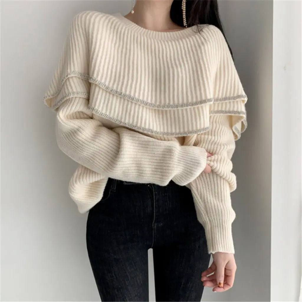 

Women's Korean-Style Retro Double-Layer Ruffled Off-Shoulder Long-Sleeved Sweater Elegant Fashionable Top