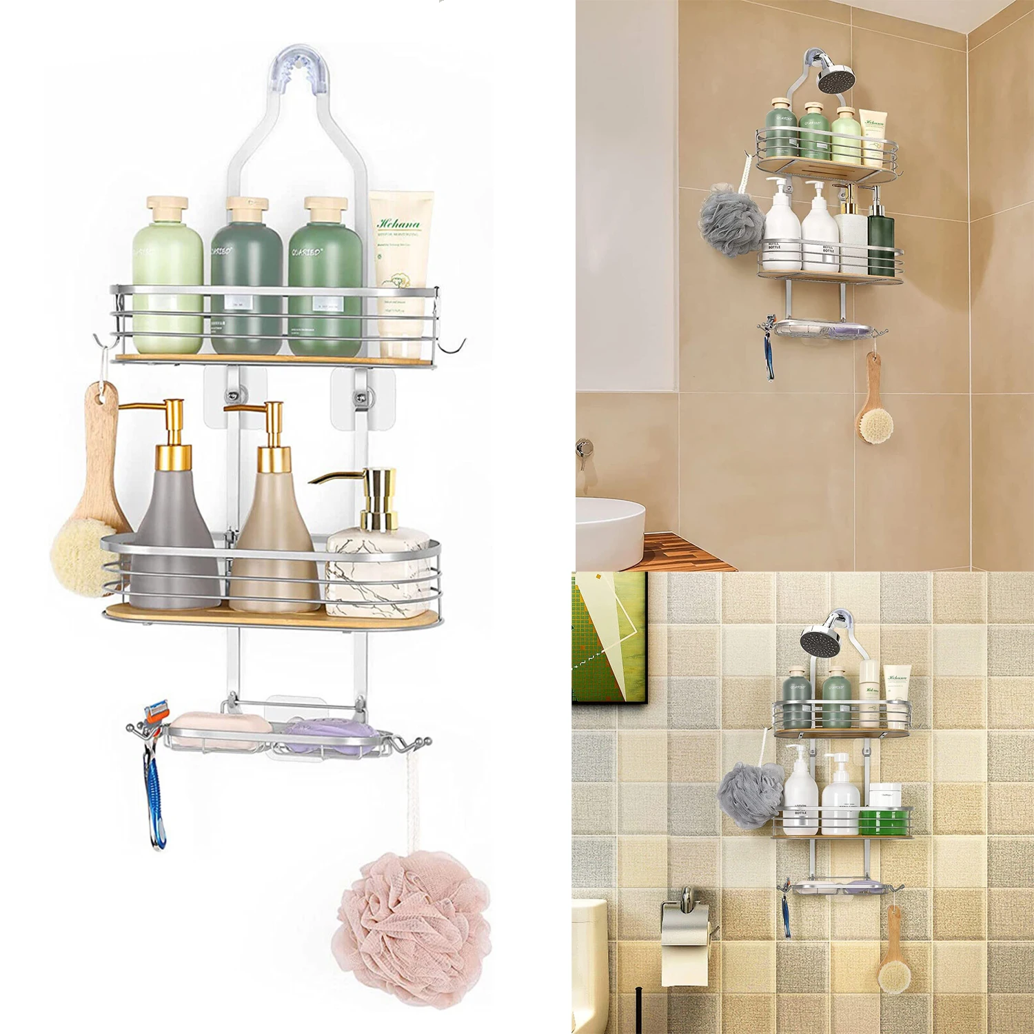 3-Tier Shower Organizer Hanging Caddy Over Head Bathroom w/ Soap Holder & Hooks