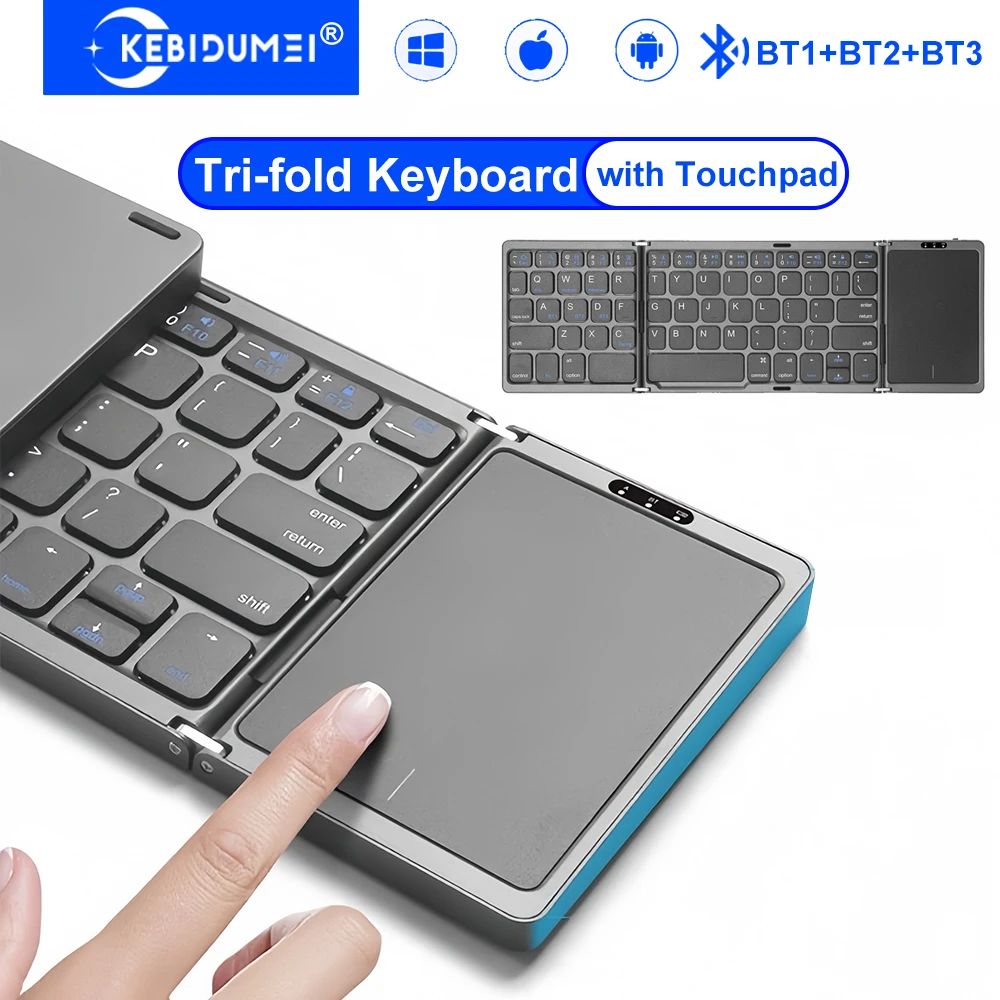 

Tri-Bluetooth Keyboard Tri-fold keyboard with Touchpad Portable Mini Keyboard Rechargeable Keyboard for PC Windows Android IOS