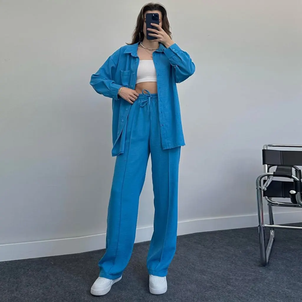 

Women's European And American Style Long-Sleeved Shirt And Trousers Set Loose Fit Autumn Spring Two-Piece Outfit for Women