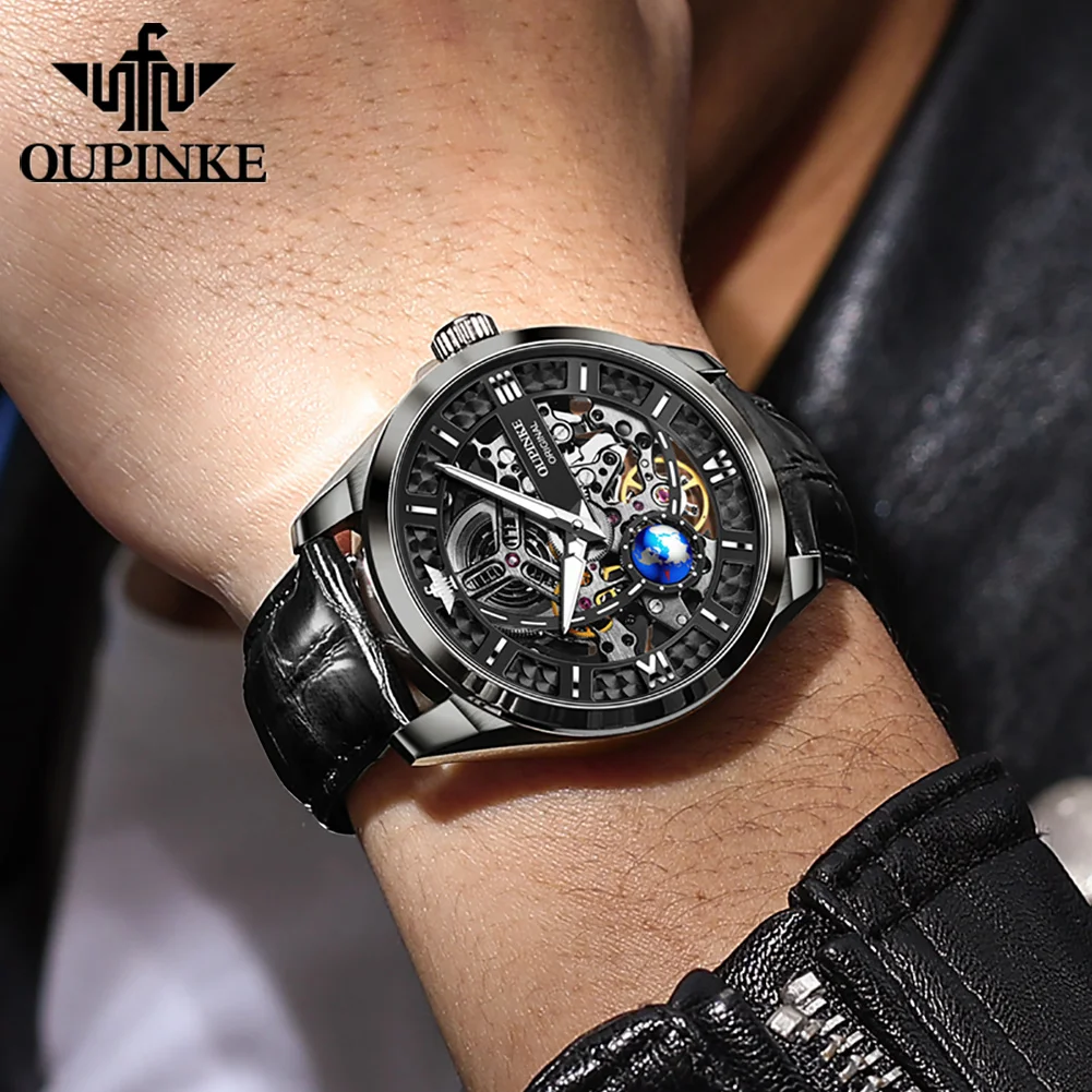 OUPINKE-ساعة أوتوماتيكية ماركة فاخرة للرجال ، ميكانيكية ، هيكل عظمي كلاسيكي ، ياقوت ، كريستال ، جلد ، ساعات معصم رياضية