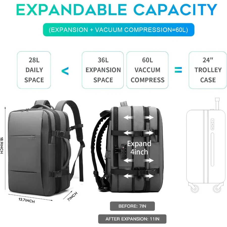 بانج فراغ ضغط حقيبة السفر 60L حقائب ظهر قابلة للتوسيع مع مضخة هواء مقاوم للماء ومضاد للسرقة حقيبة كمبيوتر محمول ل مرحبا #5