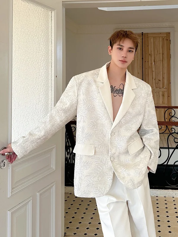 

Embroidered Heavyweight Double Layer 3D Emed Collared Bar Sle Men's Casual Suit Jaet Loose Fit Nightclub Bar