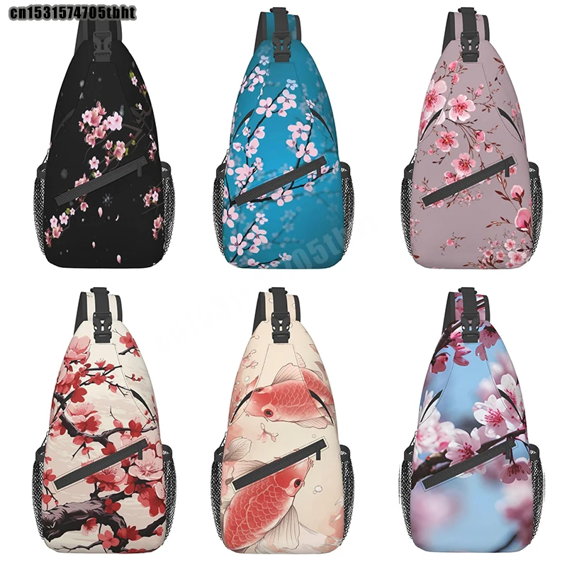 Cherry Blossom Sling Bag Crossbody Backpack,Falling Flower Petals Cherry Blossom Bloom Tree Branch Chest Bag Adjustable Casual