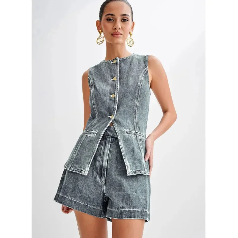 Conjunto de colete jeans sem mangas e shorts femininos, gola O elegante, tops de peito único, shorts de cintura alta, roupas de 2 peças, verão