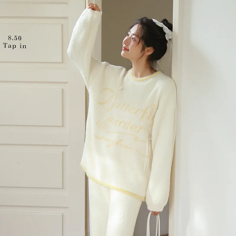 Women Winter Fluffy Pajama Set | Girly Sweet Bow, Pullover, Thick Warm Loungewear