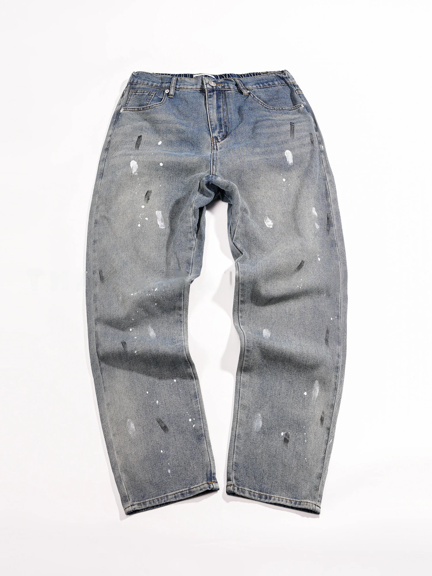 

K256 Мужские повседневные джинсы большого размера с чернилами и брызгами, модные длинные брюки с прямыми штанинами, весенний сезон, средняя талия на молнии...