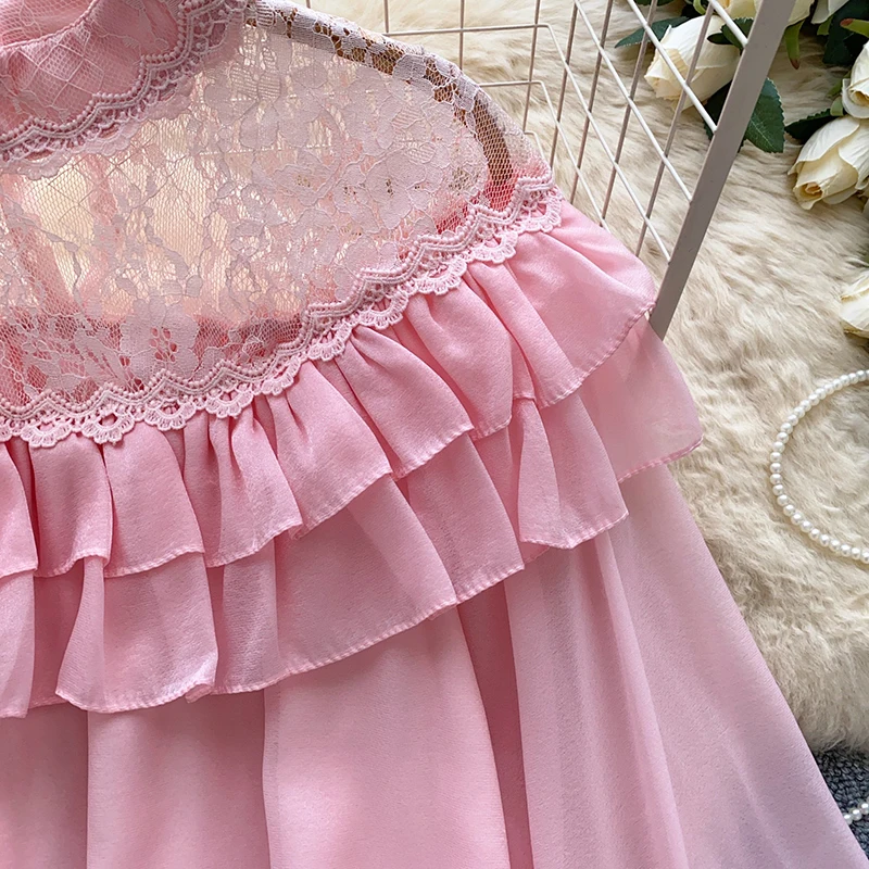 French Lantern Sleeve Lace Patchwork Shirt for Women in Spring Autumn Oversized with Ruffled Edges Loose Pink Bloouse Top W116 view 4