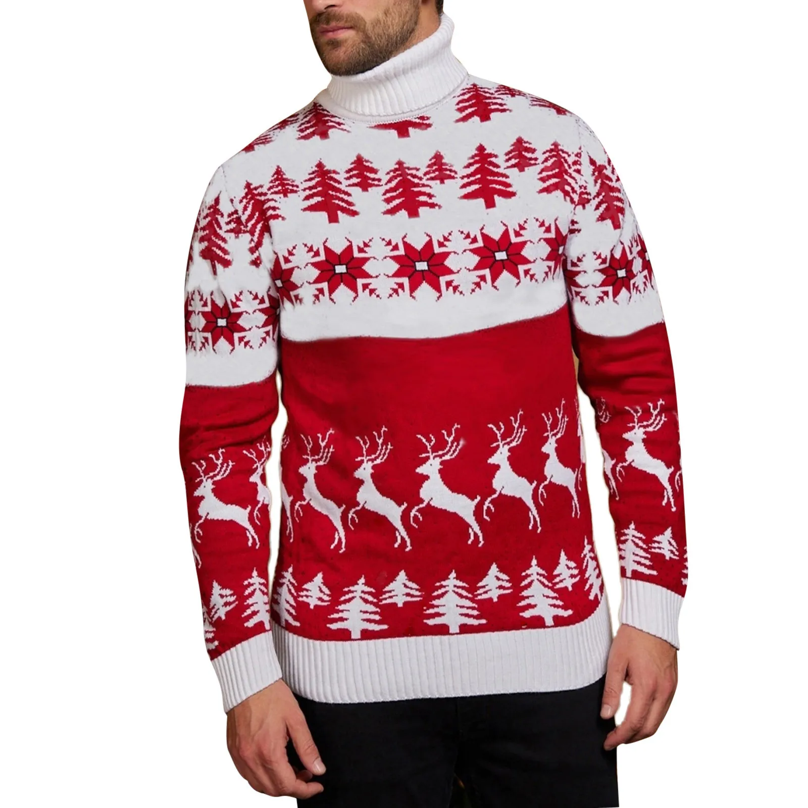 Men Turtleneck Christmas Sweater Casual Xmas Tree Elk Print Pullovers Christmas Theme Knitted Sweaters Autumn Winter Men Clothes