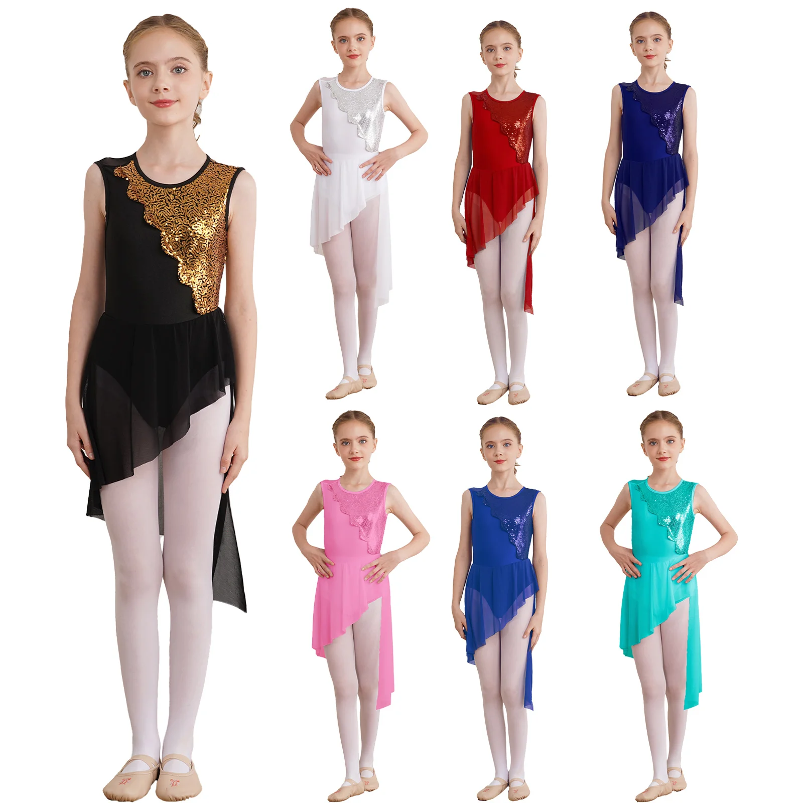 Girls Sequined Ballet Dance Dress Sleeveless Ballet Leotard Figure Skating Jersey Gymnastics with Tulle Skirts Ballerina Costume