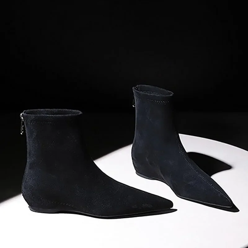 TRAF botines de cuña de gamuza sintética para mujer, zapatos de tacón interior con punta puntiaguda para invierno, botas cortas negras desnudas para mujer, versátiles