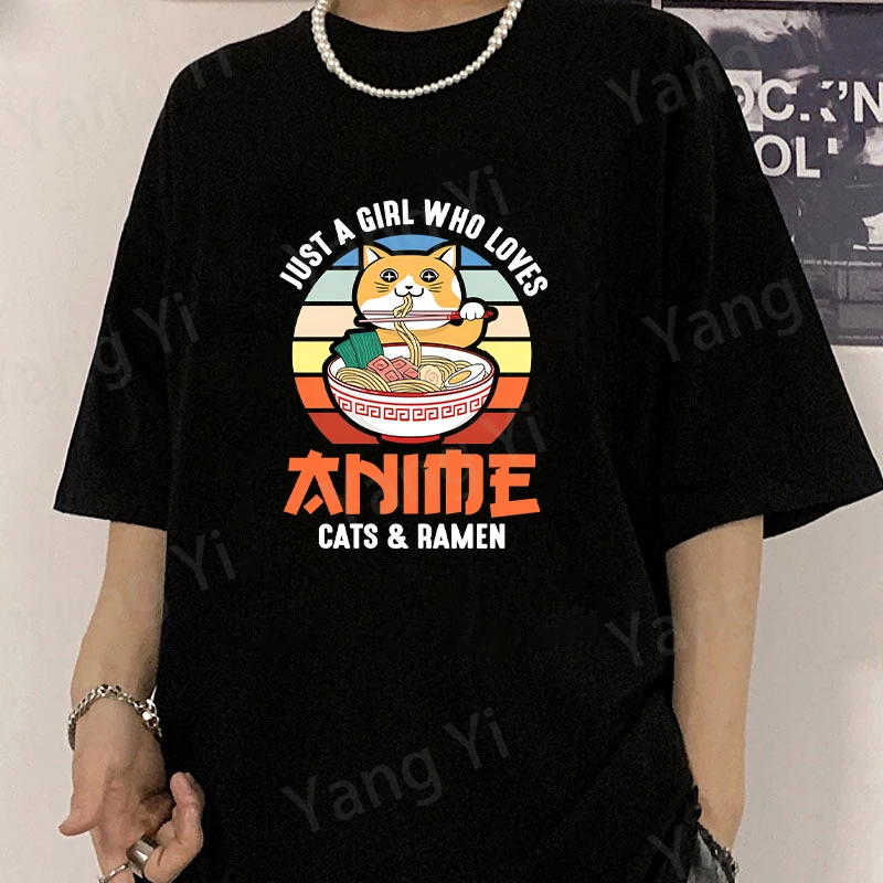 Hot New Japan Cats Eat Ramen Pattern Men Women Cotton T-Shirt Simple Letter Unisex Tees Loose Large Size Top Funny Couple Shirt