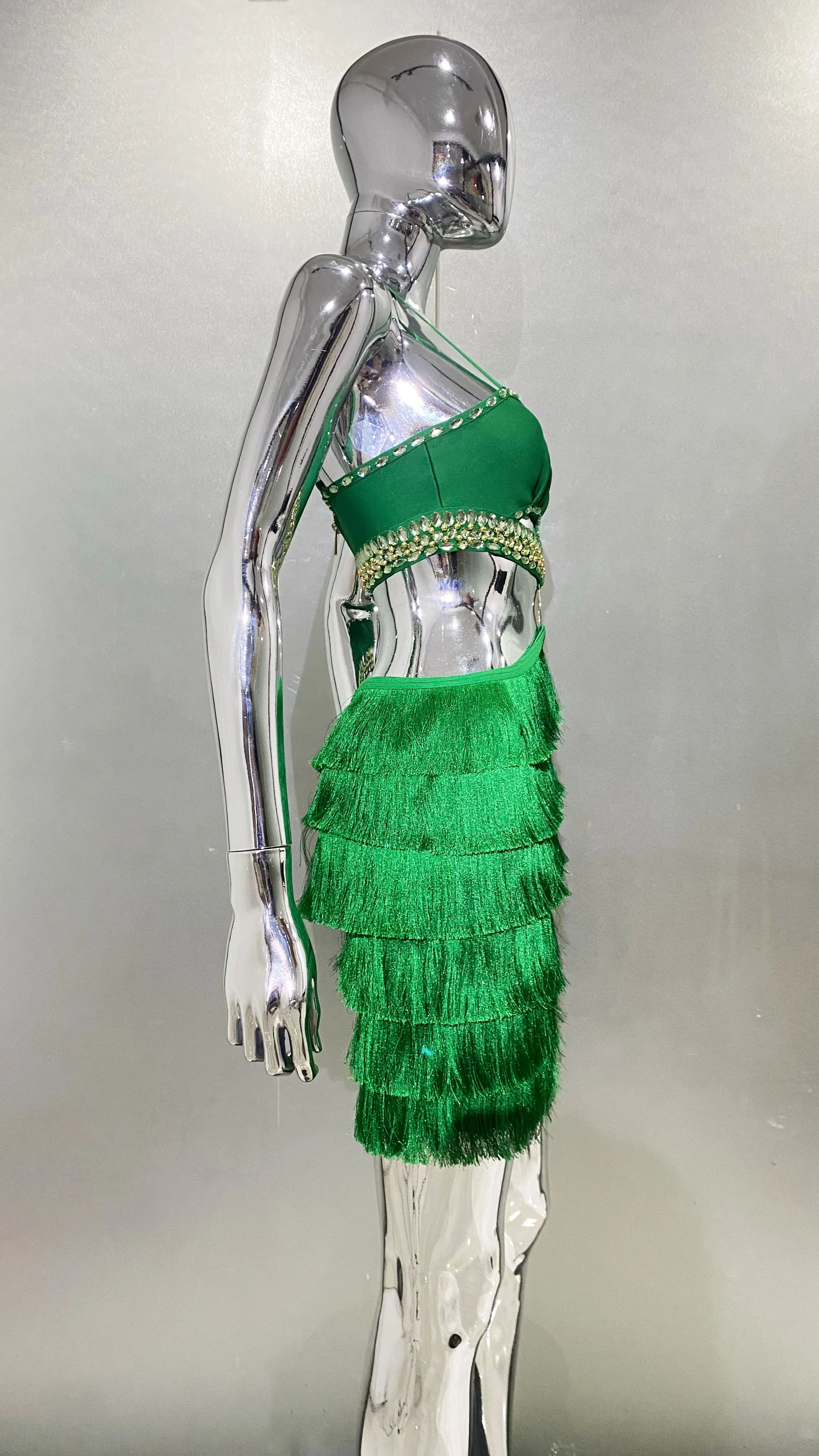 2024NEW Summer Green Split Mini Dress Sexy Fashion Women Pleated Fringe A-line Dress Before The Party