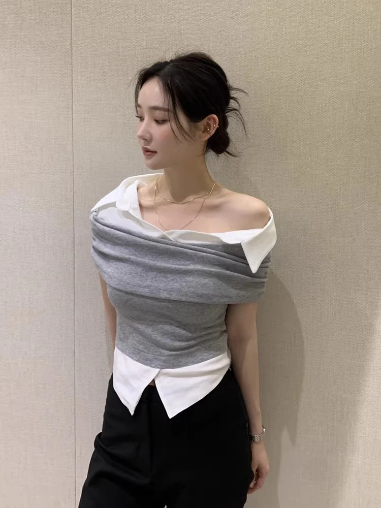 

Ele Color Blo irt Women's Summer New Sle Slimming Folded Hemline Faionable Korean Loose Fit ort Sve Top