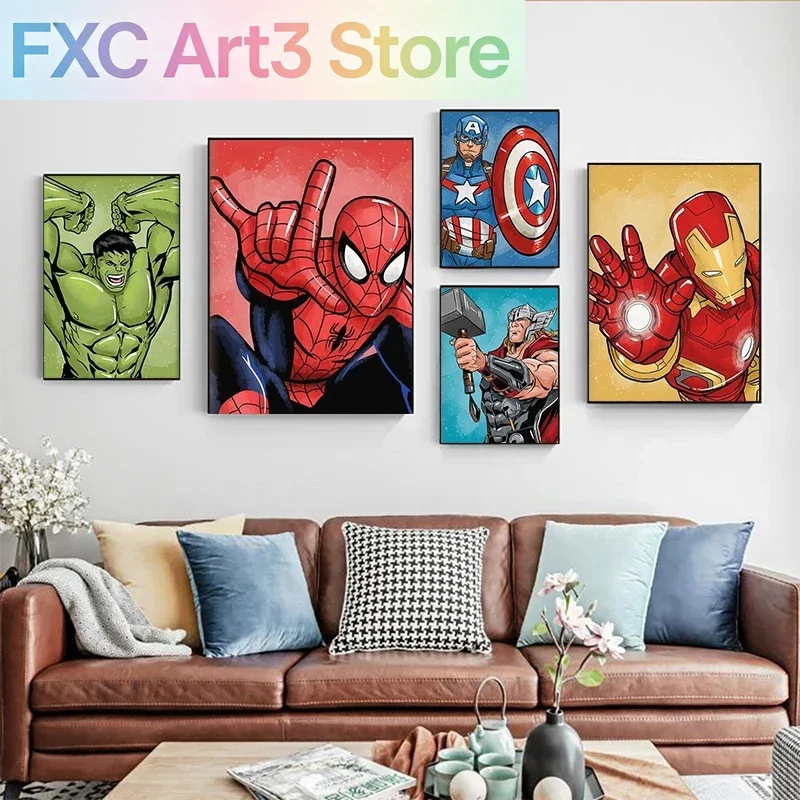 Rahmenlose Marvel Avengers Leinwandbilder Spider-Man Iron Man Captain America Hulk Filmplakate Wandkunst Wandbilder für Jungen