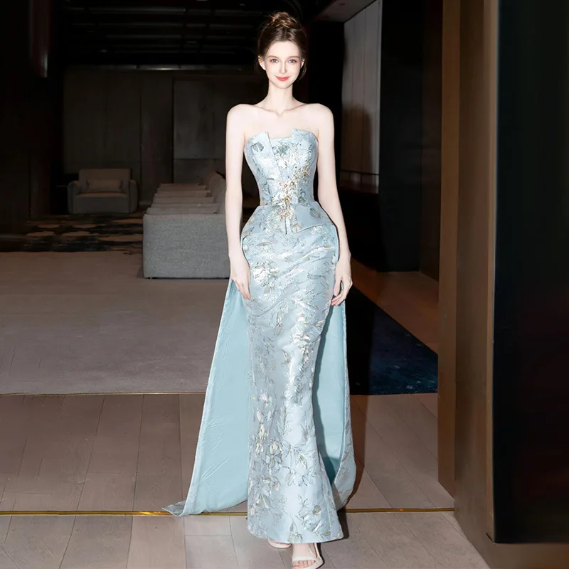 

Blue Bridesmaid Evening Gown Women's Luxury Cusizable Wedding Dr Princ Sve High Waist Long Skirt Formal Par Outfit