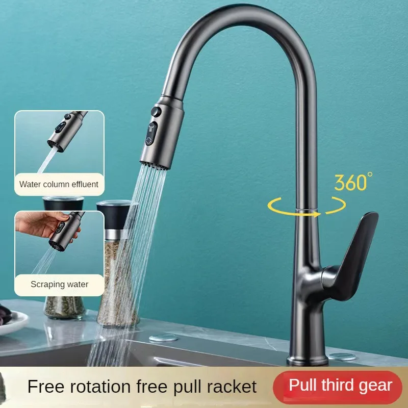 

Cold and Hot Kitchen Sink Faucet Multifunctional Stainless Steel 3 Water Outlet Mode Pull-out Faucet Rotating Anti Splash Nozzle