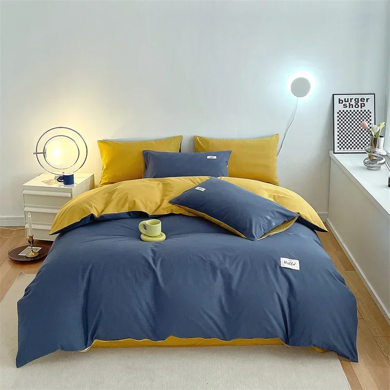 150/180/200CM Blue Water Wash Cotton Bed Sheet Duvet Cover Pillowcase Four-piece Spring Autumn Bedding Set M064-4