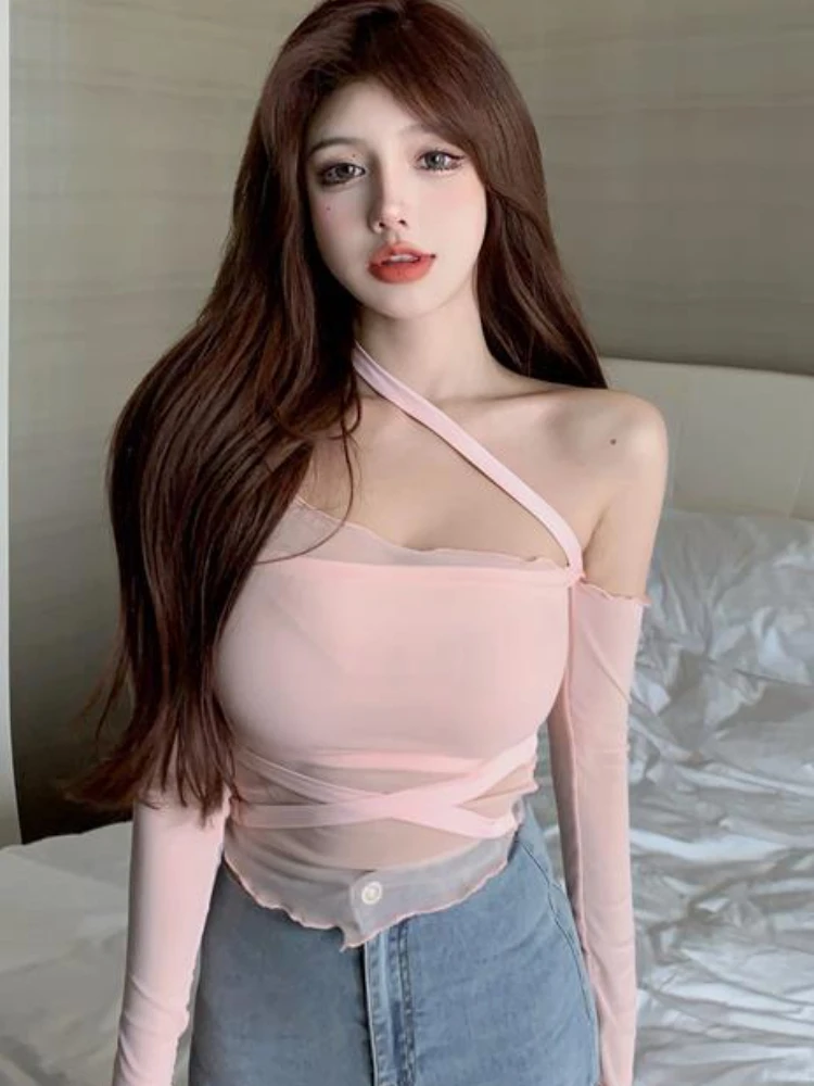 Bandage T-shirts Women Irregular Long Sleeve Summer Hotsweet Slim Korean Style Temperament Crop Tops Ladies Fashion Popular Chic