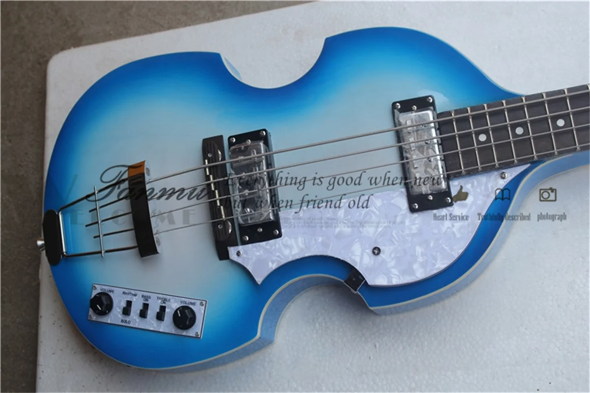 4-string electric bass guitar, blue-ring silver-pink bass, hollow maple body, white pearl pickguard, rosewood fretboard