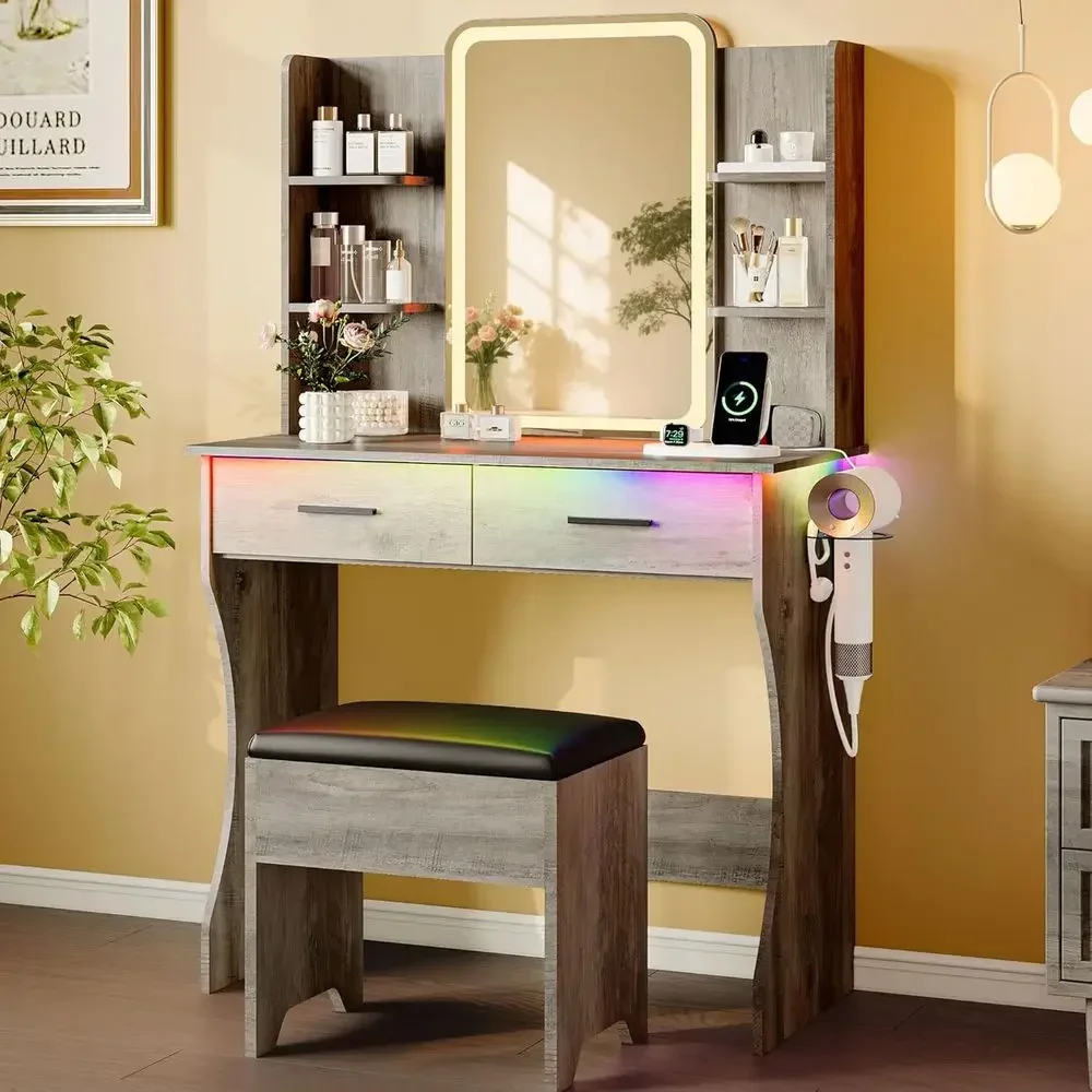 Grey vanity desk with integrated power station and hair dryer rack