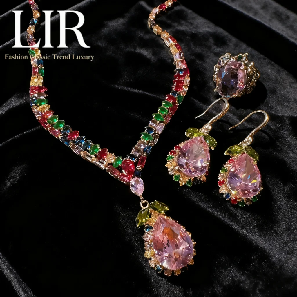 

LIR Custom Women's Jewelry Set: Vine Rainbow Drop Necklace & Argyle Pink Teardrop AAA Zircon Earrings, Floral Fairy Style