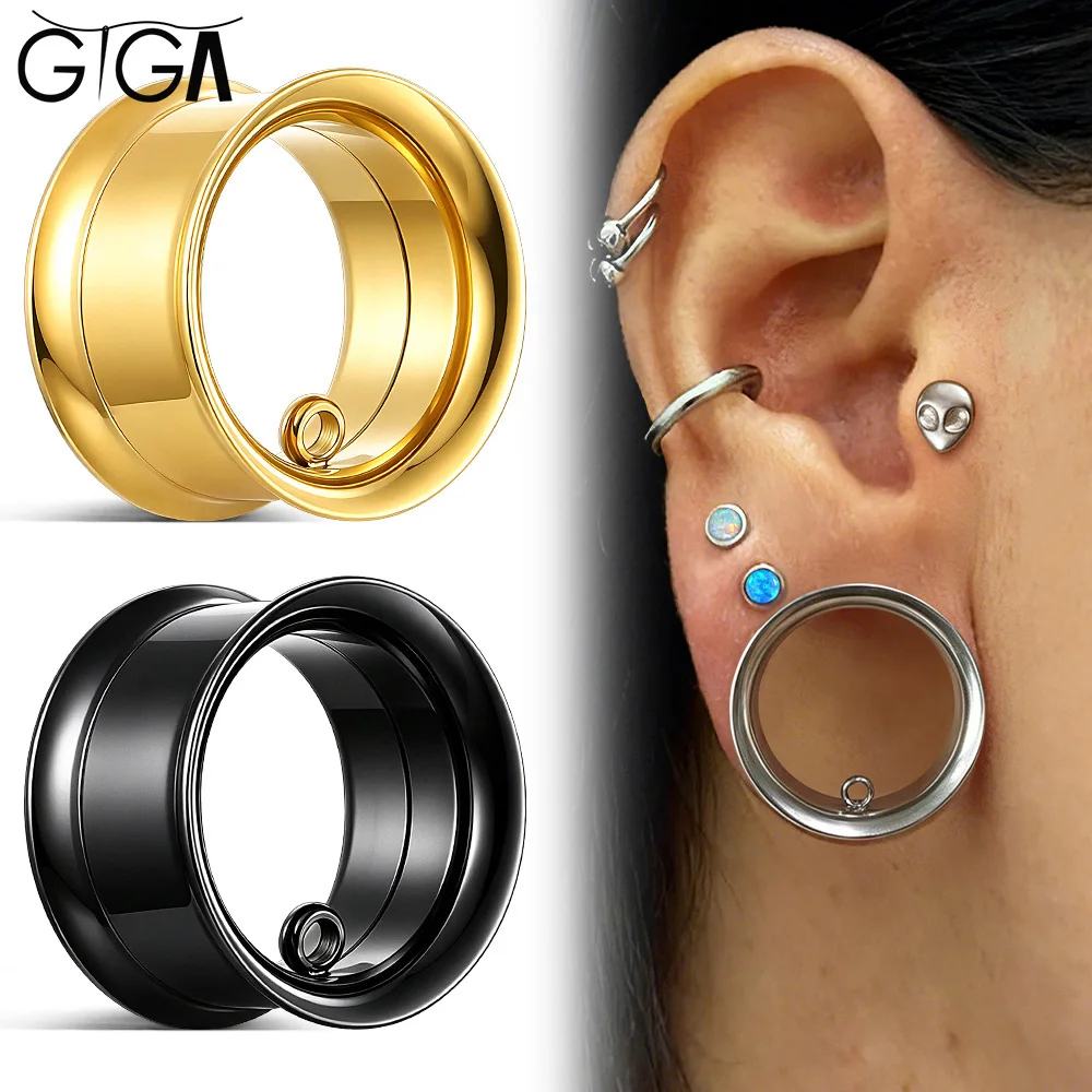 Giga 2Pcs Ear Tunnel Plugs Gauges with Jump Ring Stainless Steel Double Flared Stretcher Body Piercing Jewelry for DIY Pendant