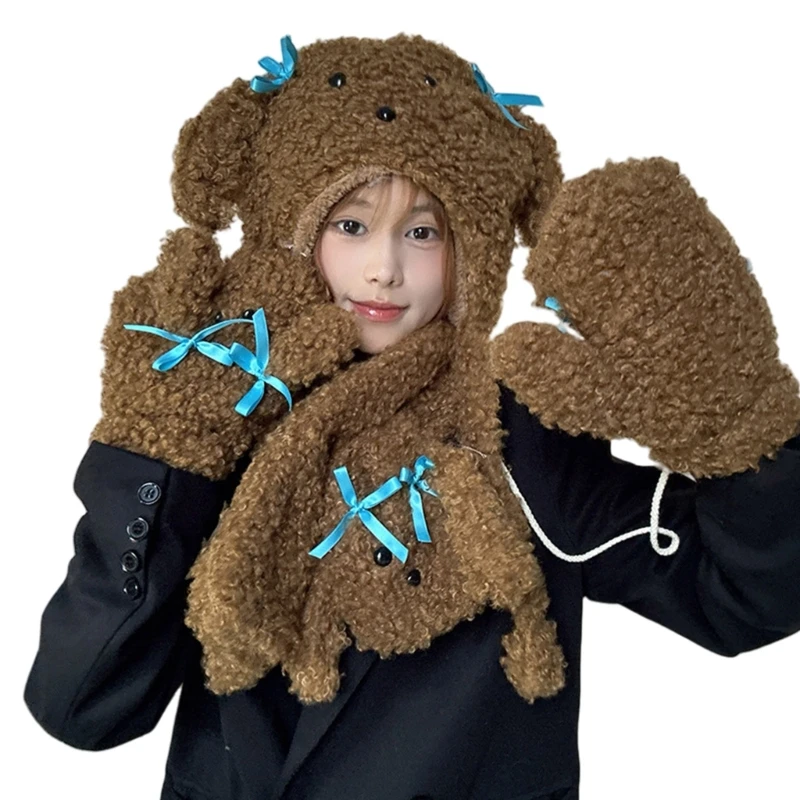 Lovely Bowknot Dog Mittens Ear Flap Hat Scarf Set for Cold Weather Windproof Handwear Neckpiece All Age Winter Gear