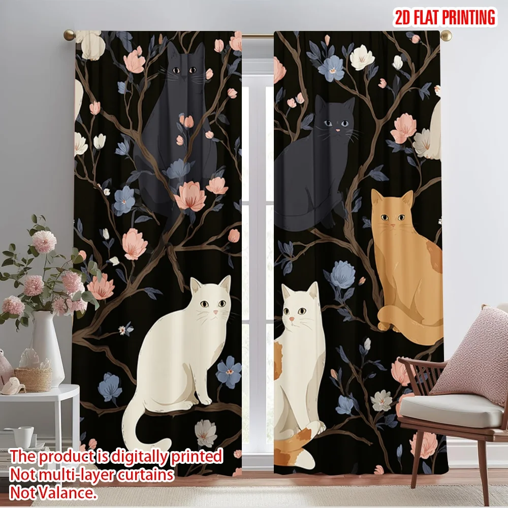 

2pcs 2D flat printing Window Drapes Cute Cats Floral Wallpaper 100% Polyester Without Electricity All Season Party & Holiday