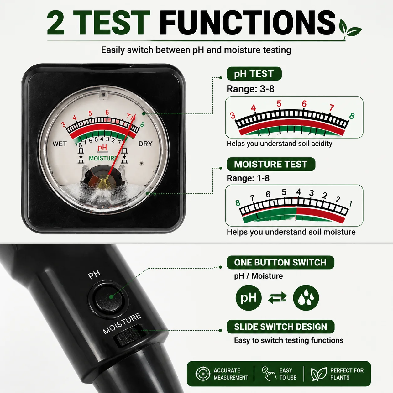 Garden Soil Tester PH Moisture Meter for Indoor Plants Balcony Garden Flowers Plant Care Tool 2 in 1 No Battery Instant Reading