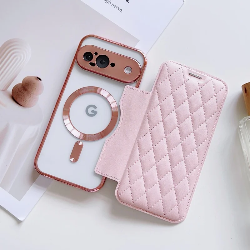 

Case For Google Pixel 7A 8A 9 9A 10 Pro XL Magnetic Embossed Grid Pattern Leather Full Protective Plating Cover