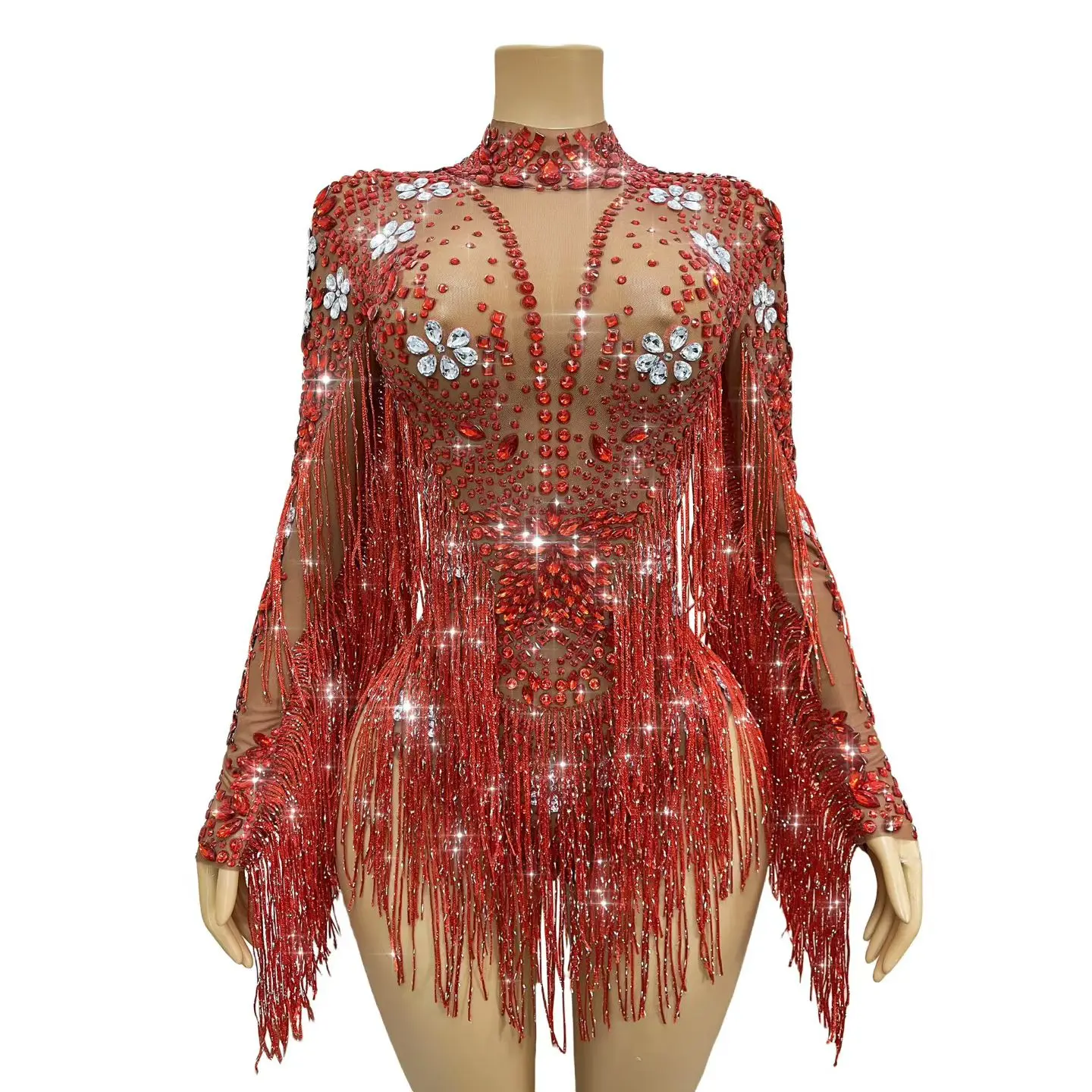 Lussuoso body con nappe e strass scintillanti dal design pesante da donna, cantante, ballerino, festa, sfilata di moda, performance sul palco