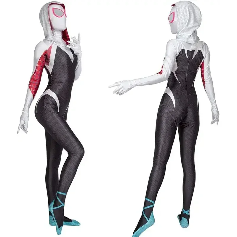 Novo 2025 gwen spid traje para crianças e adultos branco aranha menina máscara estilo 3d trajes de halloween cosplay suier corpo salta wat158