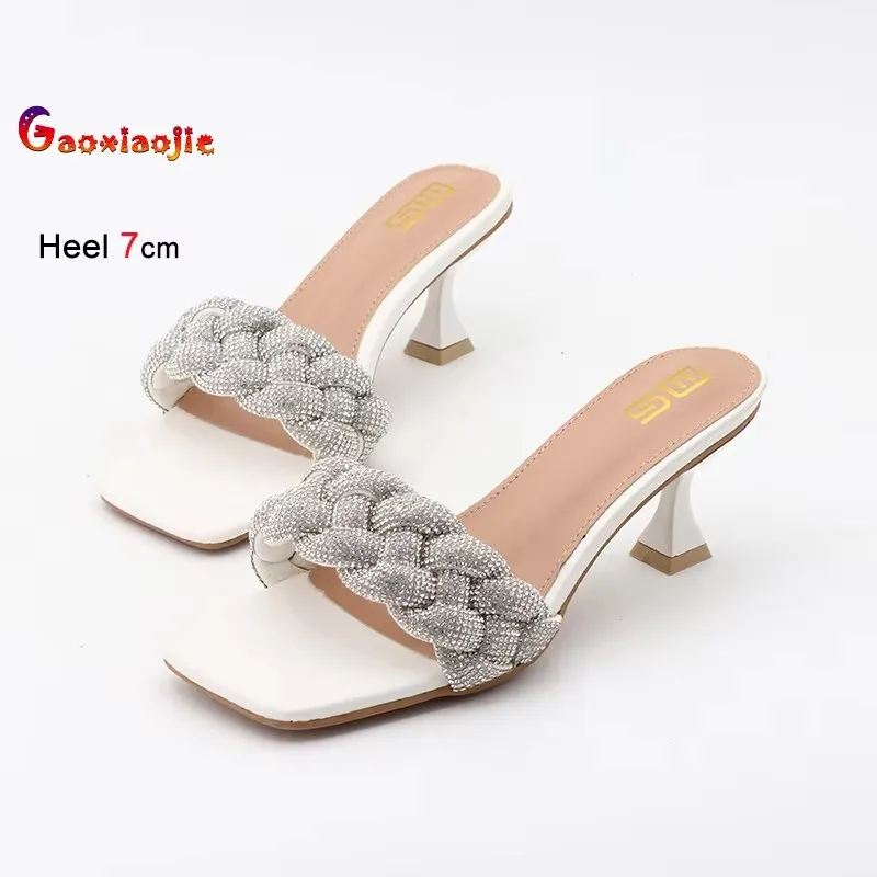 

New Fashion High Heel Women Shoes Simple Rhinestone Weave Heel Mules Temperament Outdoor Sandals Classic Versatile Lady Slippers